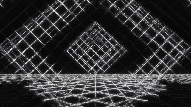 Futuristic Cyber Grid glowing white wireframe cube rotating over a perspective grid floor on a black background ideal for synthwave music videos and retro-themed digital content.