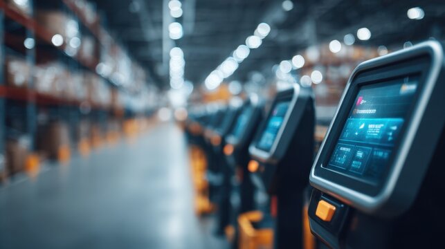 Automated inventory system with barcode scanner in sharp focus digital screens and warehouse shelves blurred in background symbolizing efficient stock control