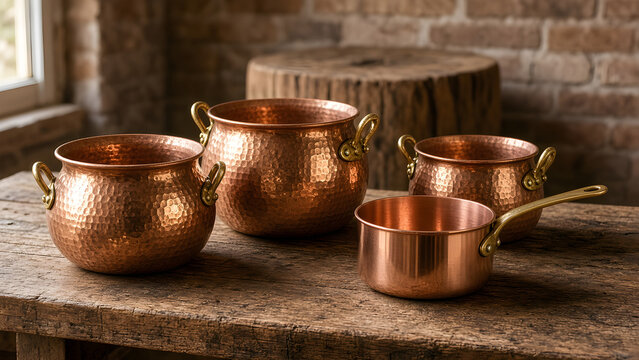 Hand-hammered copper pots on a rustic workbench in a coppersmith shop