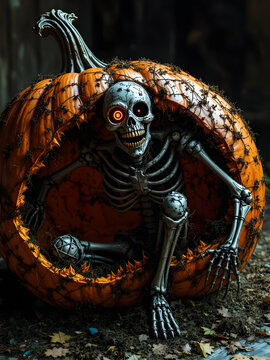 skeleton coming out of a pumpkin series for Halloween 