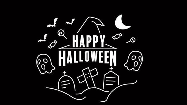 Vector animation of "Happy Halloween" text featuring a witch hat, tombstones, ghosts, and candy icons on a black background