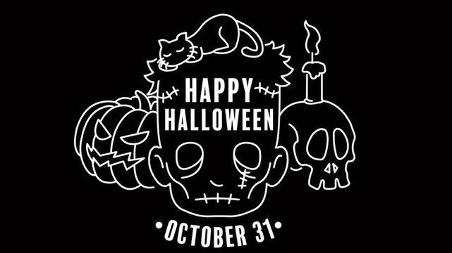 Vector animation of "Happy Halloween" text surrounded by a skull, pumpkin, and sleeping cat on a black background