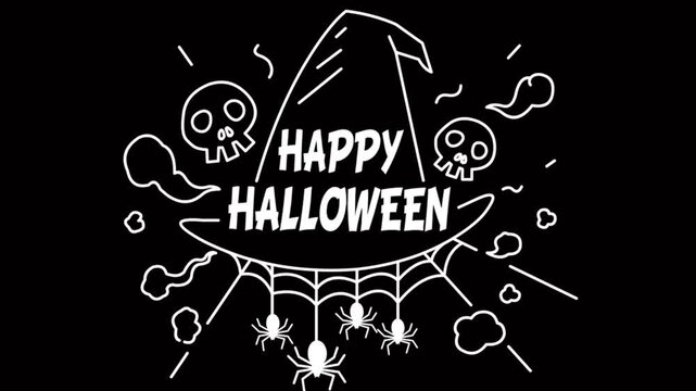 Vector animation of a "Happy Halloween" text doodle with ghosts, bats, and a broomstick on a black background