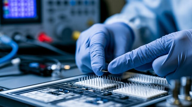 Female technician in antistatic gloves calibrates mems gyroscope components using a precision jig and electronic instruments.