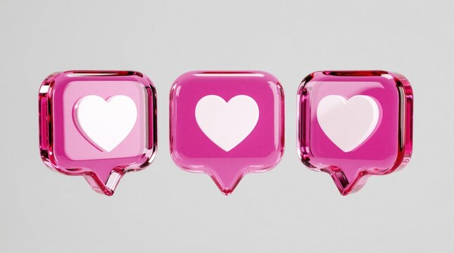 Three pink glossy speech bubbles with white heart icons on gray background. 3D glass style social media notification symbols. Pink chat bubbles represent like reaction, love message, digital