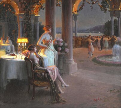 Le Soir sur la terrasse, is a well-known oil painting by the French painter Delphin Enjolras (1857-1945) . The painting typically depicts two elegantly dressed woman enjoying the evening on a terrace, often by candlelight or in the warm light of a lamp, illustration, reproduction from a painting. Authentic, File restored for optimal use, Exact date of original unknown, Historic, Two elegantly dressed woman look out on a festive party on a terrace at night