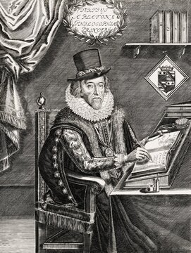 Fontispiece from the book 'Of the Advancement and Proficience of Learning, De Dignitate et Augmentis Scientiarum' by Sir Francis Bacon, 1561, 1626, English lawyer, statesman, essayist, historian, intellectual reformer, philosopher and scientist