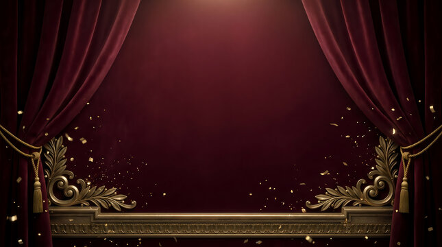 Red velvet curtains with gold frame and falling confetti on dark theater stage
