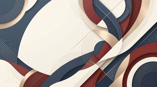 Abstract background with layered curves in navy blue red and gold metallic
