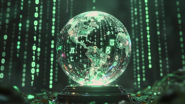 Digital globe pulsing with binary code, suspended in green data rain.