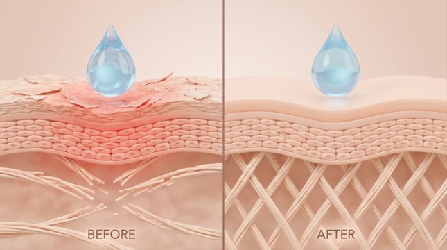 A comparative anatomical illustration showing skin hydration improvement from dry to healthy states.