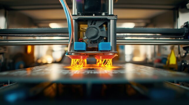 Midrange view of 3D printer assembling unique support structures capturing dynamic motion and the creation of specialized replacement parts.
