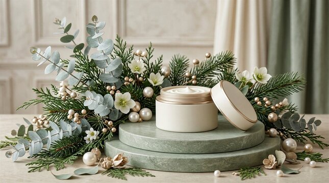 Luxury botanical skincare jar with winter greenery and flowers