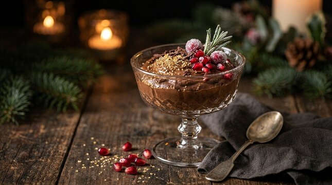 Festive chocolate mousse dessert with cranberries and rosemary