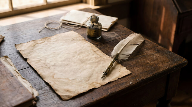 Vintage parchment paper with quill pen and ink bottle on wooden desk surface