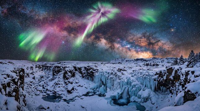 Aurora Borealis over frozen waterfall