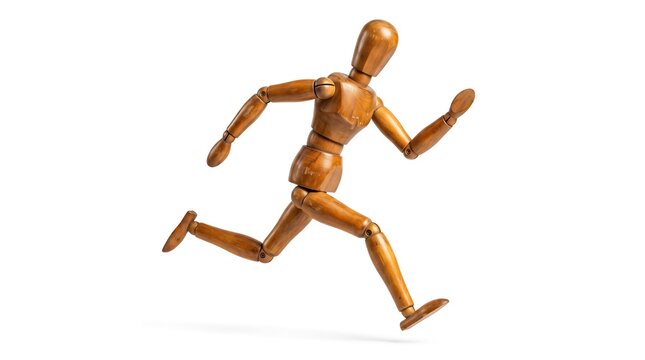 Dynamic wooden mannequin running forward in full sprint isolated on clean white background