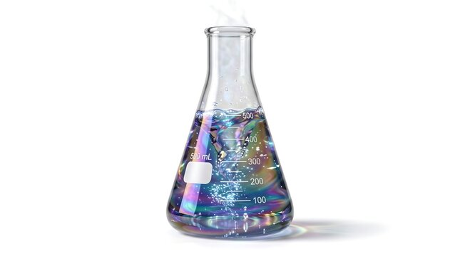 Luminous chemical reaction with iridescent swirling liquid in laboratory glass flask isolated on white