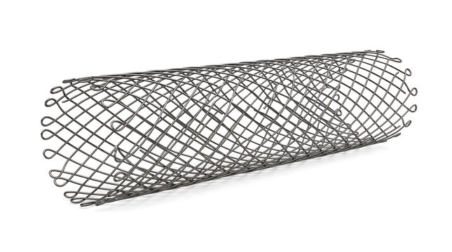 Medical vascular stent wire mesh implant isolated on pure white background representing innovative cardiovascular healthcare