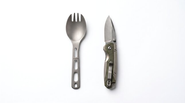 Lightweight titanium spork and compact folding knife on clean white background ready for outdoor wilderness adventure