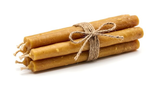 Handmade natural beeswax candle bundle tied with rustic jute twine isolated on white background
