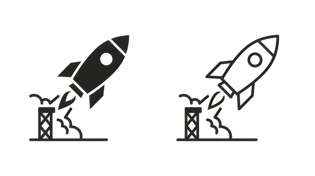 Black and white rocket launching from pad