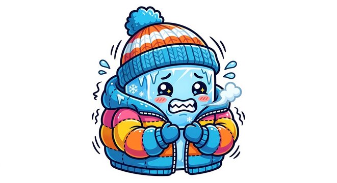 Humorous flat illustration of a cute kawaii ice cube character bundled up in a giant winter jacket and beanie hat