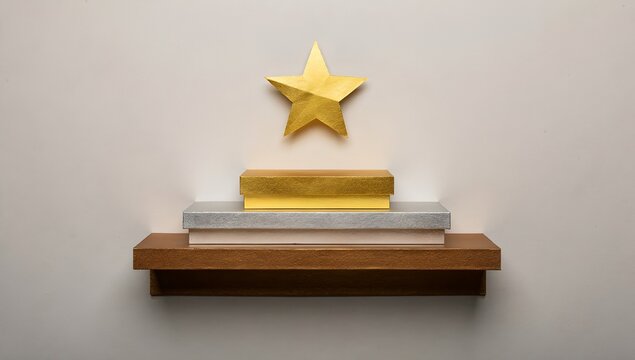 A golden star trophy rests on a wooden shelf, signifying achievement and recognition. The trophy sits atop a podium made of three stacked blocks in gold, silver, and bronze.
