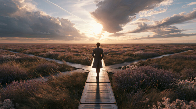 Man Standing at Crossroads Pathway at Sunset