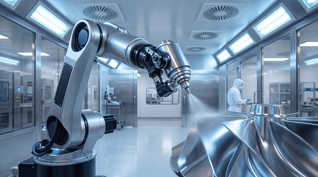 Robotic Arm Coating Turbine Component in Cleanroom Facility