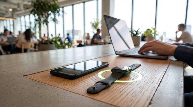 Smartwatch wireless charging on a wooden table in modern workspace