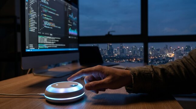 Using intelligent smart assistant at night in a modern home office