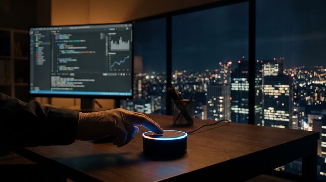 Hand Touching Smart Speaker On Desk In Modern Night Office