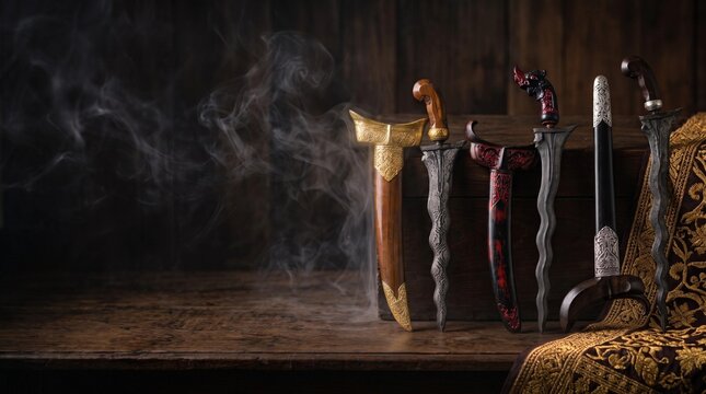 Authentic Traditional Malay Keris Dagger Set on Dark Wooden Table with Copy Space, Historic Nusantara Heritage Weapons with Sheaths and Songket