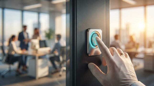 Hand pressing modern smart access control button in office room