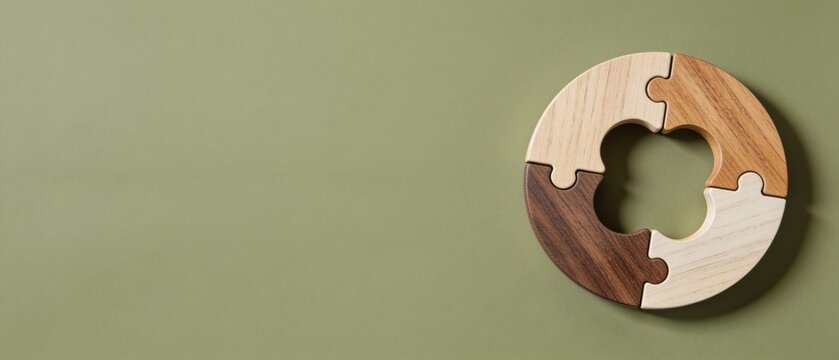 Minimalist wooden puzzle ring design on green textured background
