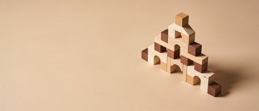 Minimalist wooden blocks arranged in ascending pyramid structure on neutral background