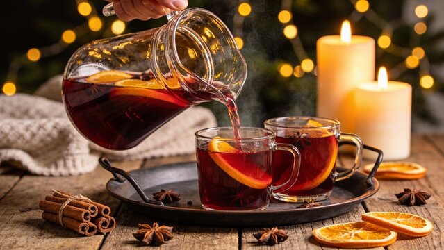 Warm holiday tea pouring with cozy candlelit ambiance and festive spices
