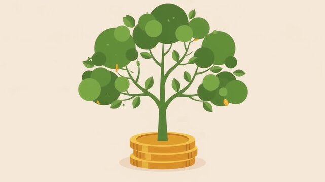 Flat Vector Animation of Plant Growing From Gold Coins Stack Into Money Tree
