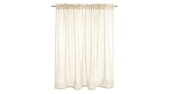 A single sheer beige curtain hanging against a white background.
