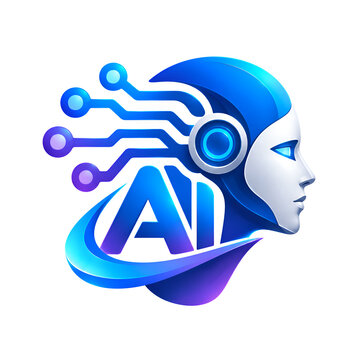 Artificial intelligence logo with robot head profile, glowing circuit lines and orbiting swoosh in blue purple gradient, futuristic technology concept on white background