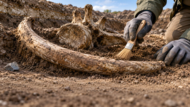 Gloved hands brushing sediment from large bones at an excavation