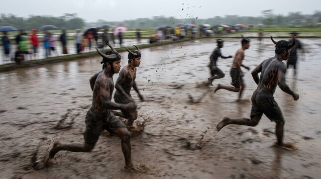 Indonesian men painted in black mud and wearing water buffalo horns running through a flooded muddy rice paddy during the traditional Kebo Keboan cultural harvest festival in Banyuwangi East Java