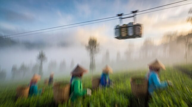Motion blur effect of Indonesian tea pickers wearing traditional conical hats harvesting leaves in a foggy plantation while an overhead cable transports sacks of Camellia sinensis at sunrise