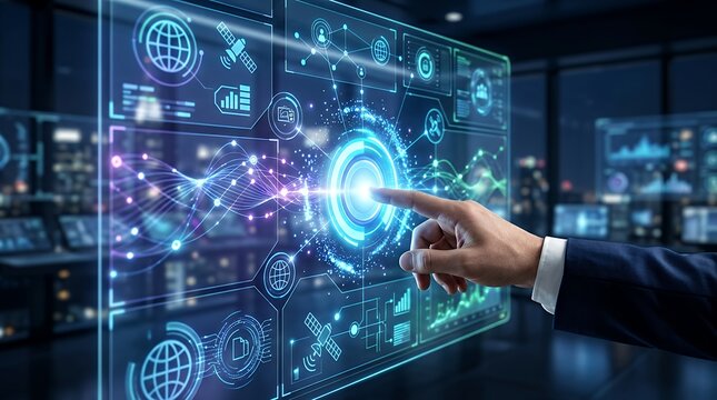 Modern futuristic touch screen user interface concept with businessman hand pushing luminous digital interactive glowing virtual push button activating high tech networking communication system