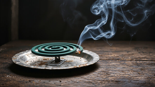 Burning mosquito repellent coil on metal tray with smoke on dark rustic wooden table for pest control   
