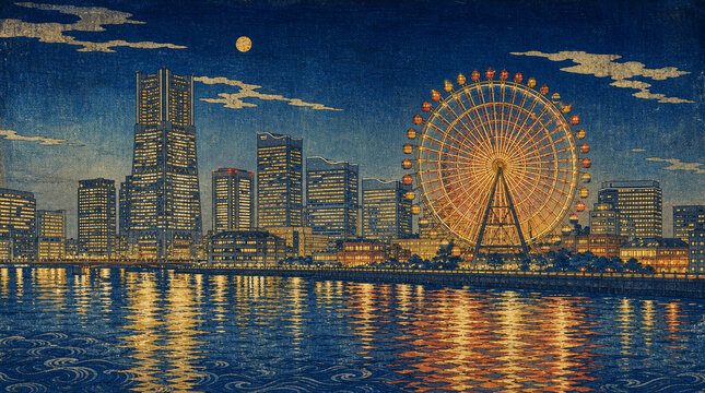 現代風ネオ浮世絵で描く横浜みなとみらいの観覧車と幻想的な港の夜景
Modern Neo Ukiyo-e Art of Yokohama Minato Mirai Ferris Wheel and Illuminated Waterfront at Night