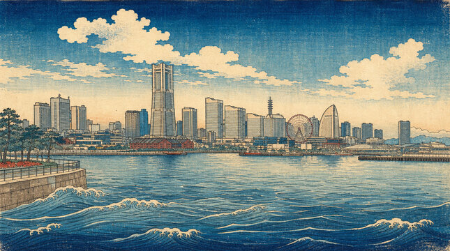 現代風ネオ浮世絵で描く横浜みなとみらいの美しい港と高層ビル群の都市風景
Modern Neo Ukiyo-e Art of Yokohama Minato Mirai Waterfront and Skyline