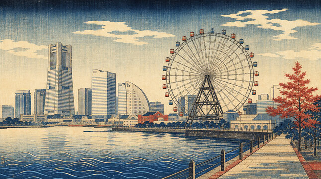 現代風ネオ浮世絵で描く横浜みなとみらいの観覧車と美しい港町の風景
Modern Neo Ukiyo-e Art of Yokohama Minato Mirai Ferris Wheel and Waterfront Cityscape
