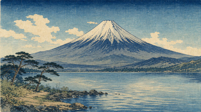 現代風ネオ浮世絵で描く雄大な富士山と美しい湖の日本風景
Modern Neo Ukiyo-e Art of Majestic Mount Fuji and a Serene Japanese Lake
